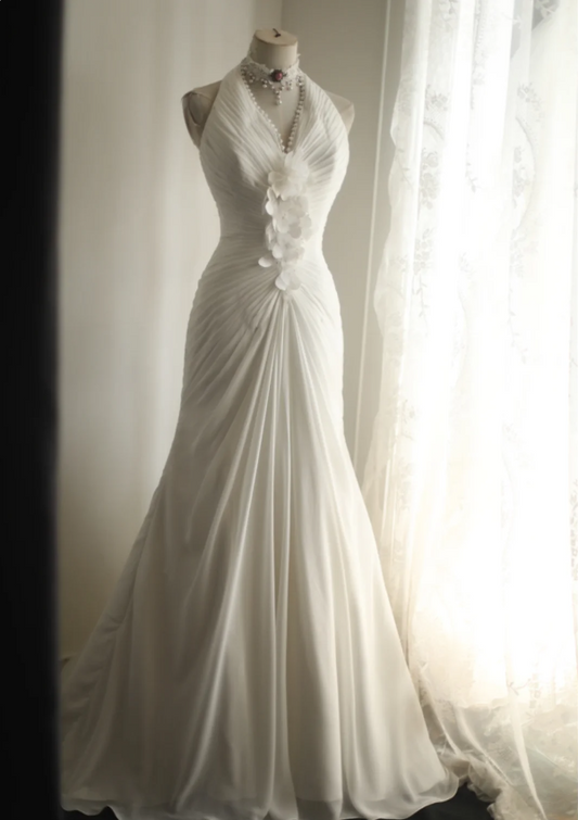 Roman Style Halter Neck Chiffon Fishtail A-Line Wedding Dress P2812