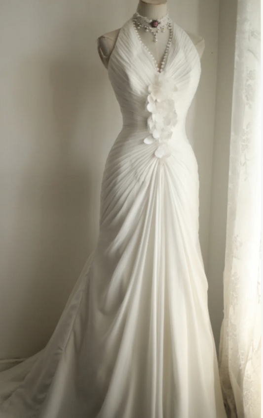 Roman Style Halter Neck Chiffon Fishtail A-Line Wedding Dress P2812