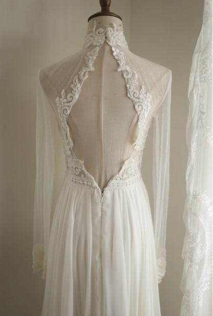 turtleneck long sleeve wedding dress Vintage French Turtleneck Long Sleeve Chiffon Mesh Splicing Elegant Fl –  PreppyDress