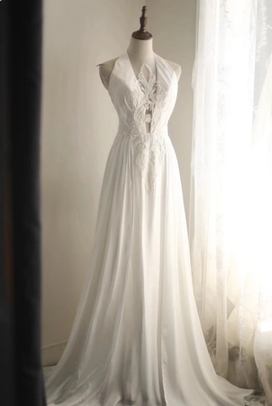 Roman style halterneck satin beaded elegant wedding dress P2817