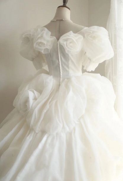 Prinzessin Puffärmel Plissiert Handgemacht Blumen Tüll A-Linie Brautkleid P2819
