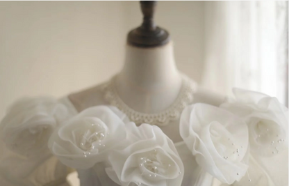 Prinzessin Puffärmel Plissiert Handgemacht Blumen Tüll A-Linie Brautkleid P2819