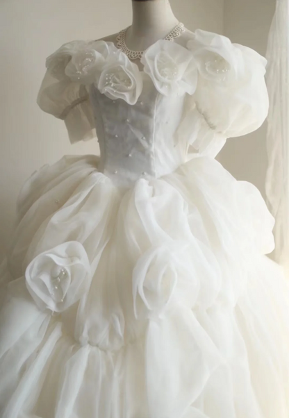 Prinzessin Puffärmel Plissiert Handgemacht Blumen Tüll A-Linie Brautkleid P2819