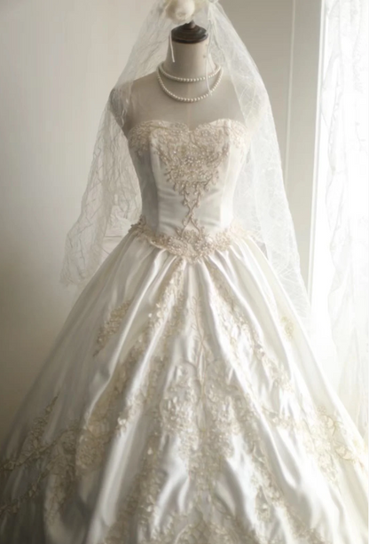 Vintage Satin Hollow Hand-beaded Strapless A-Line Wedding Dress P2820 PreppyDress Vintage Satin Hollow Hand-beaded Strapless A-Line Wedding Dress P2820 PreppyDress