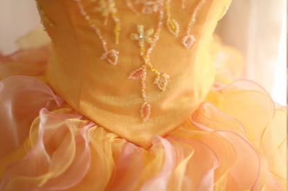 Besonderes orangefarbenes A-Linien-Hochzeitskleid mit Blumenperlen und gestuften Rüschen P2823