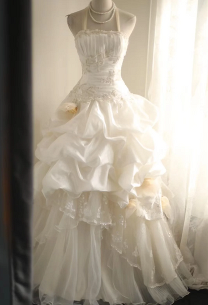 Retro Palace unregelmäßiges Neckholder-Brautkleid aus Tüll mit Rüschen in A-Linie P2824