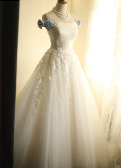 Simple One Shoulder Satin Mesh Splicing A-Line Floor-Length Wedding Dr   PreppyDress