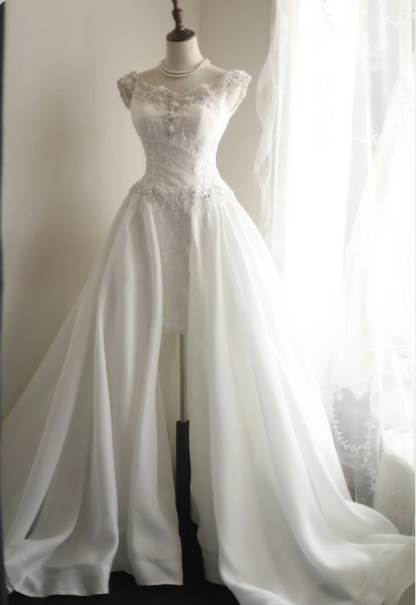 Retro short front and long back one shoulder beaded satin princess wed PreppyDress Retro short front and long back one shoulder beaded satin princess wed PreppyDress