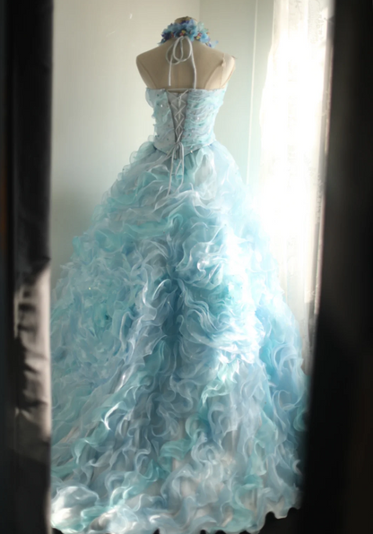 Vintage schwere blaue Rosenperlen Geschichtet Holz Ohrkante Puffy Prinzessin Hochzeitskleid P2834