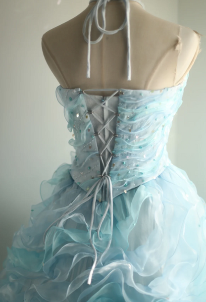Vintage Heavy Blue Rose Beaded Layered Wood Ear Edge Puffy Princess We   PreppyDress