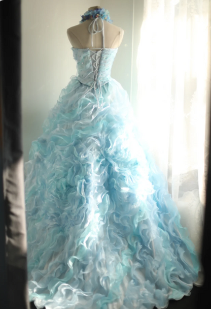Vintage schwere blaue Rosenperlen Geschichtet Holz Ohrkante Puffy Prinzessin Hochzeitskleid P2834