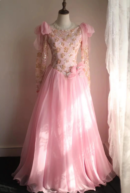 Pink Vintage Hand-beaded Long Sleeve Tulle A-line Floor-length Wedding Dress P2837