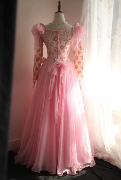 vintage pink long sleeve dress Pink Vintage Hand-beaded Long Sleeve Tulle A-line Floor-length Wedding –  PreppyDress