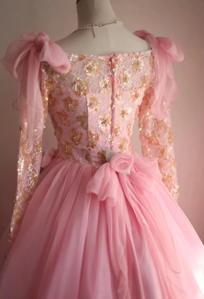 long sleeve wedding dresses pink Pink Vintage Hand-beaded Long Sleeve Tulle A-line Floor-length Wedding –  PreppyDress
