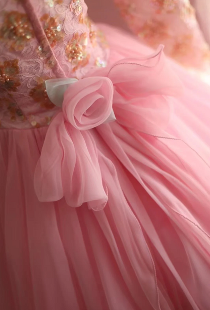 vintage pink long sleeve dress Pink Vintage Hand-beaded Long Sleeve Tulle A-line Floor-length Wedding