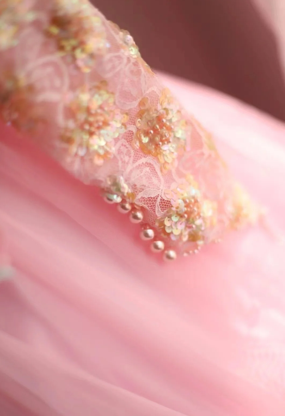 Pink Vintage Hand-beaded Long Sleeve Tulle A-line Floor-length Wedding Dress P2837