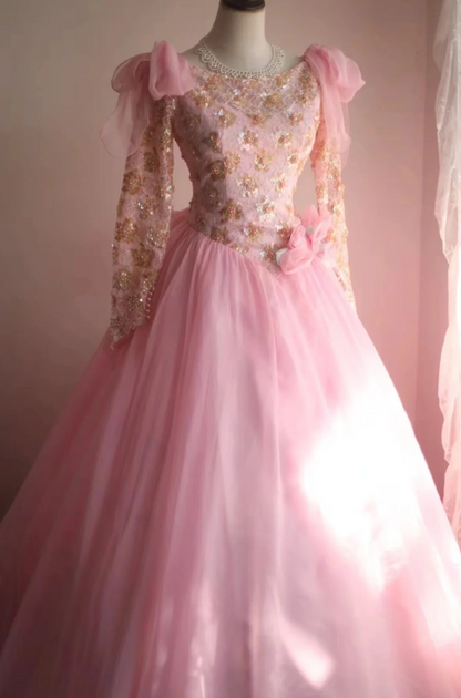 Rosa Vintage A-Linien Brautkleid aus Tüll mit langen Ärmeln, handbestickt, bodenlang P2837