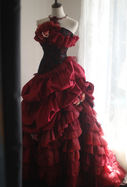 princess wedding dresses red Red Maroon Princess Ball Gown Tulle Wedding Dress Red Prom Dress