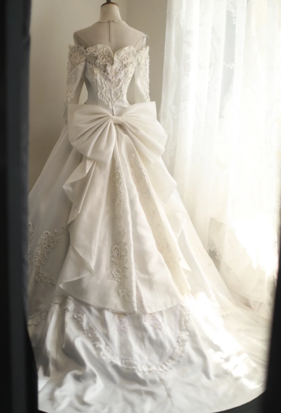 Retro Princess One Shoulder Long Sleeve Beaded Satin Back Butterfly Wedding Dress P2842