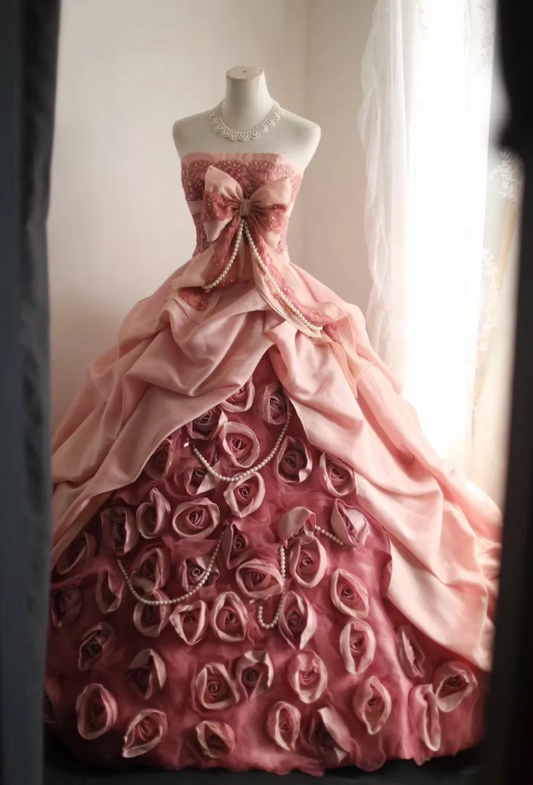 Pink Rose Irregular Pleated Handmade Flower Puffy Princess Wedding Dress P2845