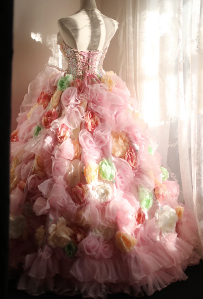 Gorgeous Princess Pink Rose Handmade Flower Fluffy A-line Wedding Dres –  PreppyDress