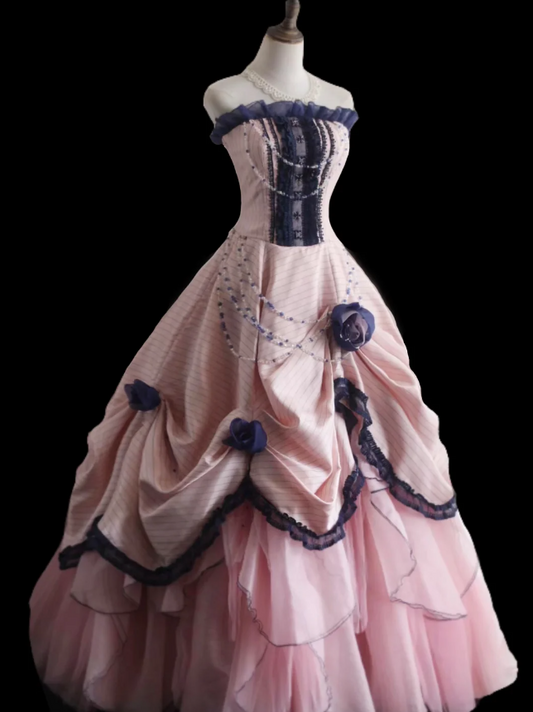 Pink Strapless Rose Beaded Tulle A-Line Princess Wedding Dress P2849