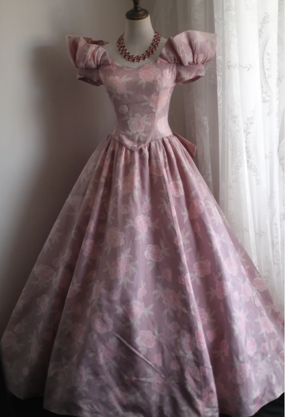Prinzessin Rose bedrucktes Satin Schleifen Puff Hochzeitskleid P2851