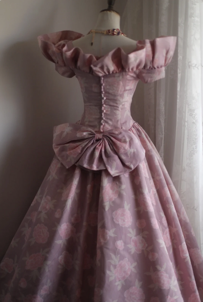 Prinzessin Rose bedrucktes Satin Schleifen Puff Hochzeitskleid P2851