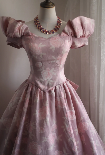 Prinzessin Rose bedrucktes Satin Schleifen Puff Hochzeitskleid P2851