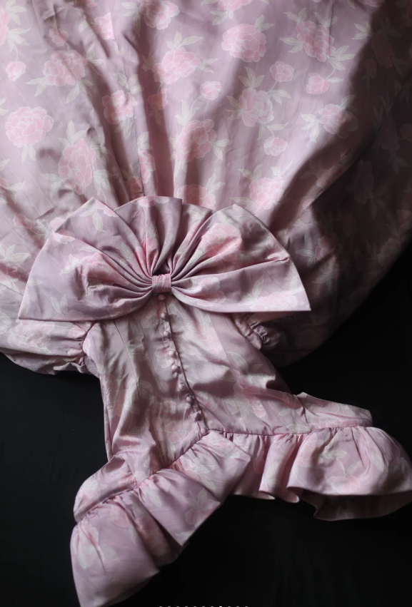 Princess Rose Print Satin Bow Puff Wedding Dress P2851