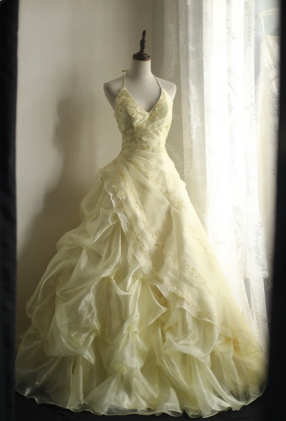 Soft light yellow floral beaded halter neck layered pleated puffy wedd – PreppyDress