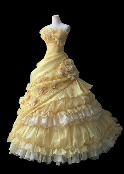 Vintage Schweres Handgefertigtes Blumen-Tube-Top Hellgelb Plissiertes Lagen-Puff-Hochzeitskleid P2856