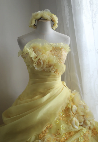 Vintage Schweres Handgefertigtes Blumen-Tube-Top Hellgelb Plissiertes Lagen-Puff-Hochzeitskleid P2856