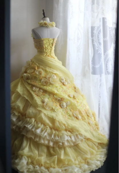 Vintage Schweres Handgefertigtes Blumen-Tube-Top Hellgelb Plissiertes Lagen-Puff-Hochzeitskleid P2856
