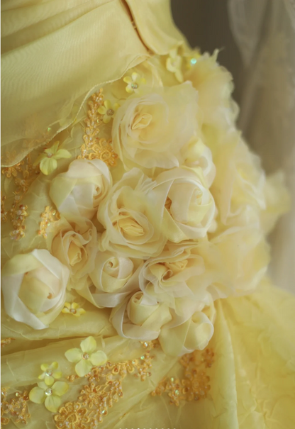 Vintage Schweres Handgefertigtes Blumen-Tube-Top Hellgelb Plissiertes Lagen-Puff-Hochzeitskleid P2856