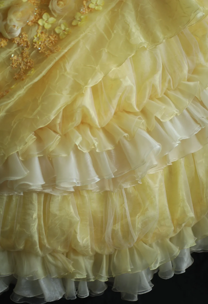 Vintage Schweres Handgefertigtes Blumen-Tube-Top Hellgelb Plissiertes Lagen-Puff-Hochzeitskleid P2856