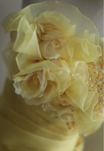 Vintage Schweres Handgefertigtes Blumen-Tube-Top Hellgelb Plissiertes Lagen-Puff-Hochzeitskleid P2856