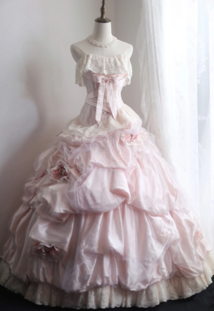 Prinzessin Pinkes Tube Top Unregelmäßiger Rock Plissierter Spitzenbesatz Voluminöses Hochzeitskleid P2858