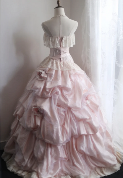 Prinzessin Pinkes Tube Top Unregelmäßiger Rock Plissierter Spitzenbesatz Voluminöses Hochzeitskleid P2858