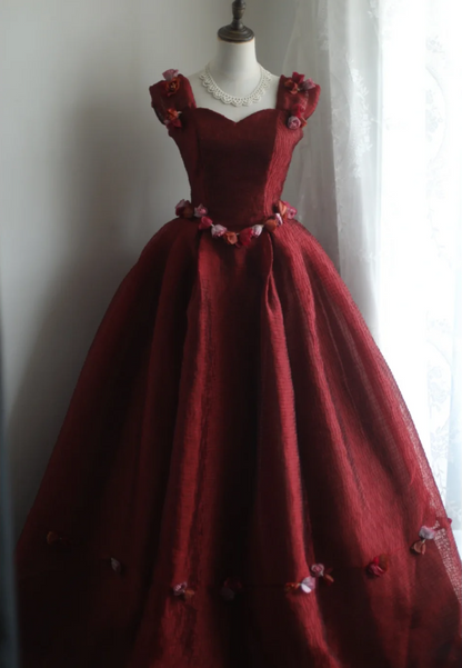 Wunderschönes, weinrotes, schulterfreies Retro-Prinzessinnen-Brautkleid mit Herzausschnitt und bauschigem Rock P2859