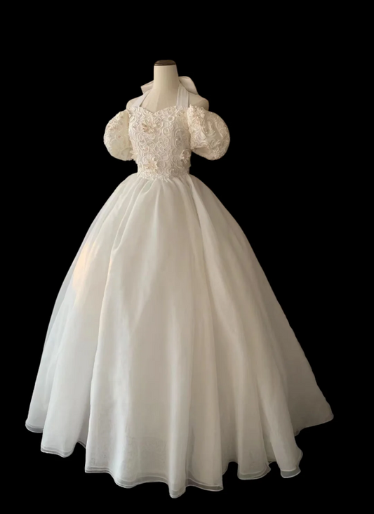 Princess Puff Sleeve Halter Neck Beaded Puff Wedding Dress P2866