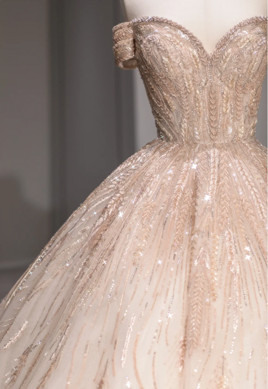 Princess Pink Off-shoulder Shiny Tulle A-line Wedding Dress with Train P2869