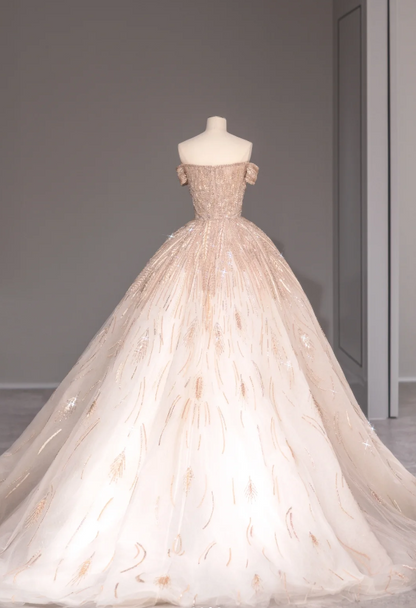 Prinzessin Pink schulterfreies glänzendes Tüll-A-Linien-Hochzeitskleid mit Schleppe P2869