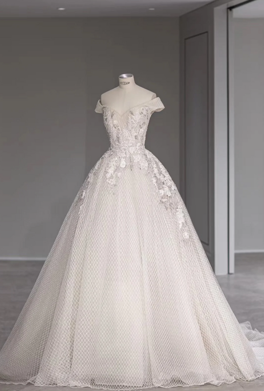 Vintage Lace Off-the-shoulder Chic Grid Floral A-line Wedding Dress P2873
