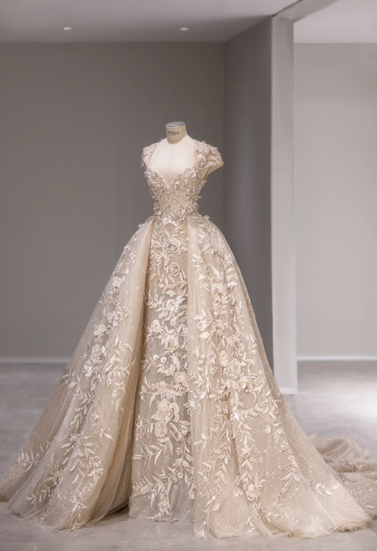 Retro and elegant shoulder-wrapped champagne-colored embroidered flower trailing wedding dress P2874