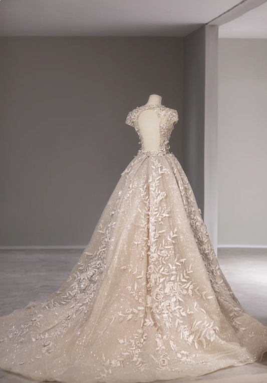 Retro and elegant shoulder-wrapped champagne-colored embroidered flower trailing wedding dress P2874