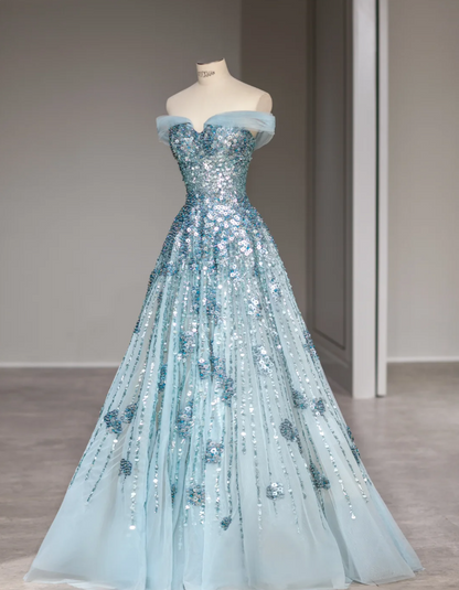 Verträumtes blaues, paillettenbesetztes schulterfreies A-Linien-Brautkleid mit Taille P2877