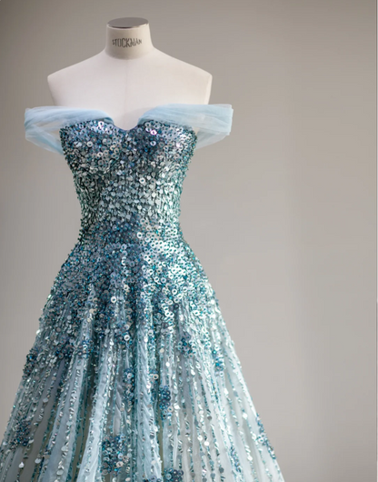 Dreamy Blue Sequined Off-the-shoulder A-line Wedding Dress with Waist –  PreppyDress