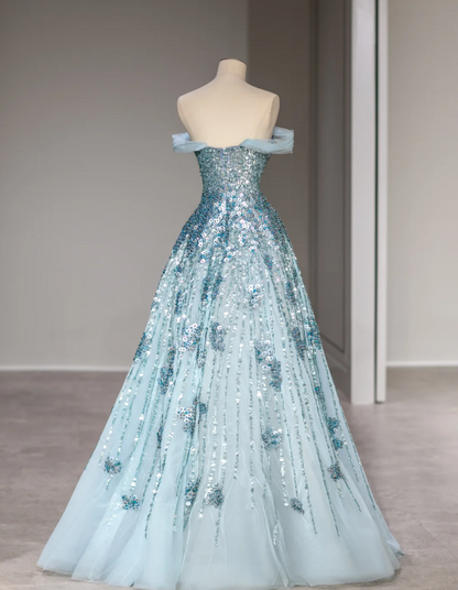 Verträumtes blaues, paillettenbesetztes schulterfreies A-Linien-Brautkleid mit Taille P2877