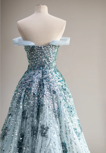 Verträumtes blaues, paillettenbesetztes schulterfreies A-Linien-Brautkleid mit Taille P2877